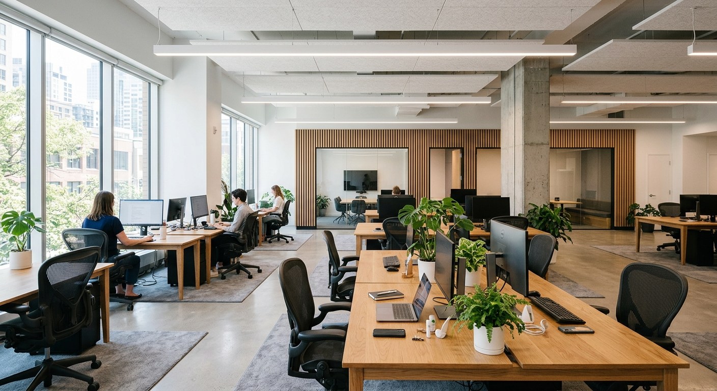 Yenilenmiş modern açık ofis iç mekânı, ofis tadilatı planlaması sonrası aydınlık çalışma alanı
