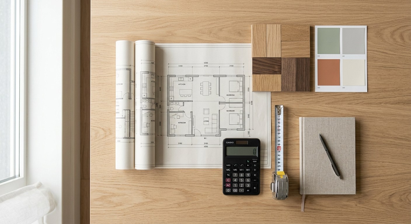 Tadilat bütçesi planlama için hazırlanmış proje çizimi, malzeme örnekleri ve hesap makinesi