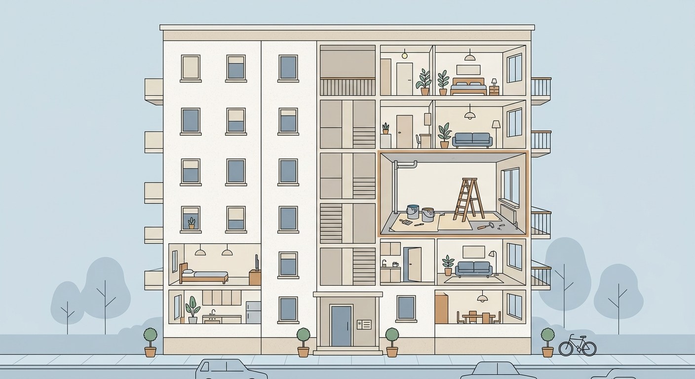 Apartmanda tadilat izni konusunu anlatan apartman kesiti illüstrasyonu