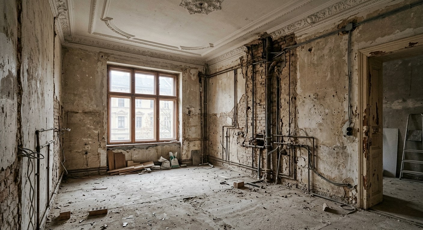 Eski bina tadilatı sırasında sıvası sökülmüş duvarlar ve açıkta kalan tesisat boruları