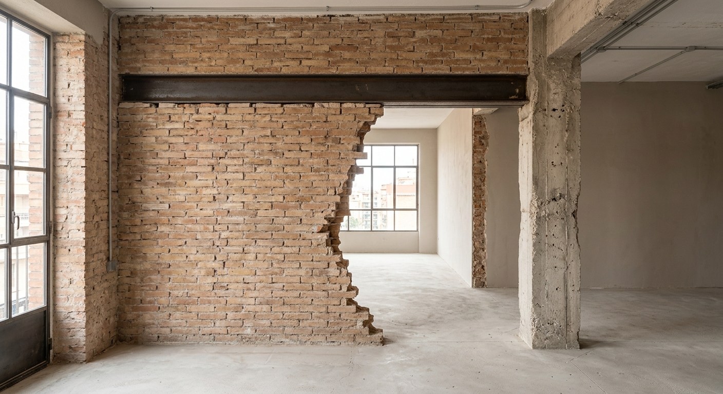 Tadilat halindeki dairede taşıyıcı duvar kaldırma sonrası çelik kiriş ile güçlendirilmiş açıklık