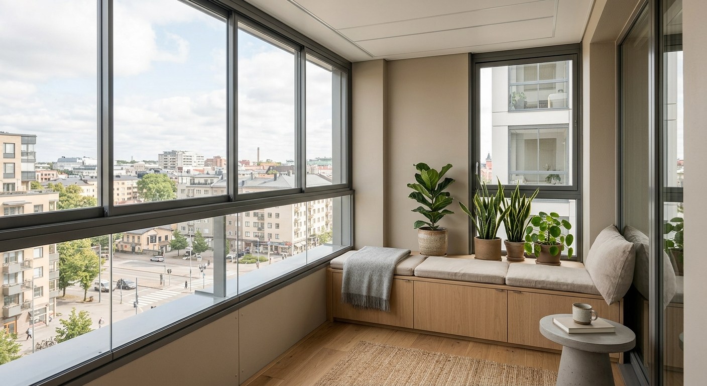 Balkon kapatma tadilatı sonrası ısıcamlı sistemle kapatılmış modern balkon