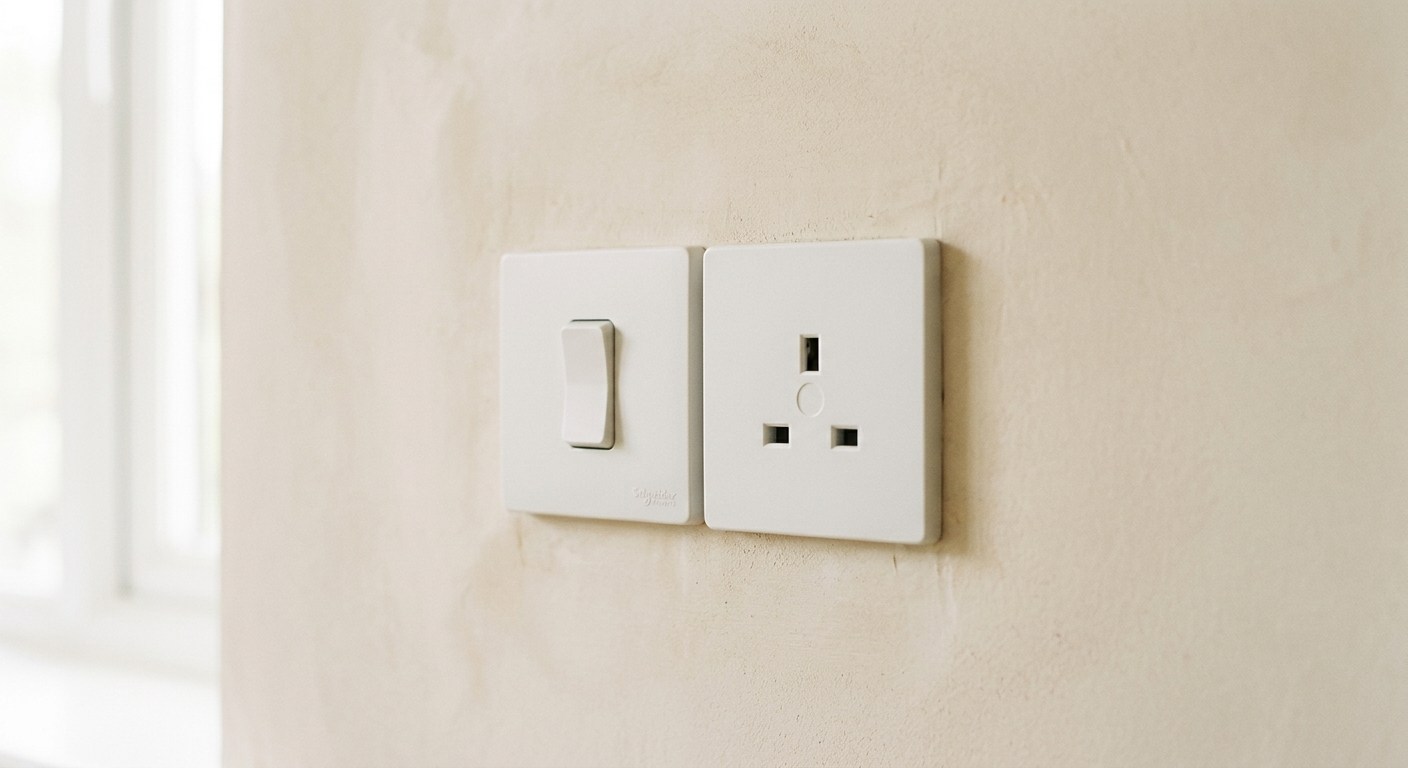 Duvarda modern beyaz priz ve anahtar detayı, priz ve anahtar planı örneği