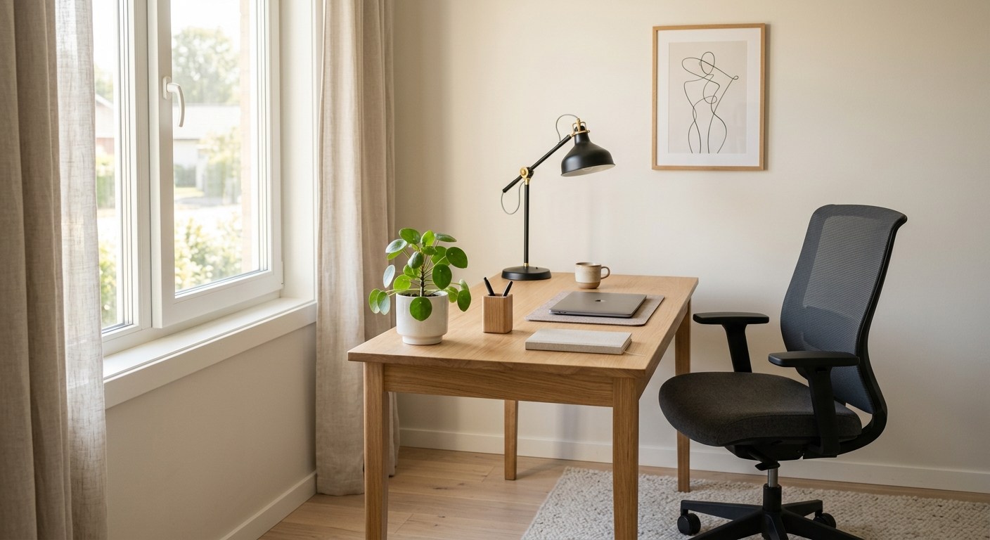 Ev ofis tasarımı için doğal ışıklı, minimalist çalışma köşesi