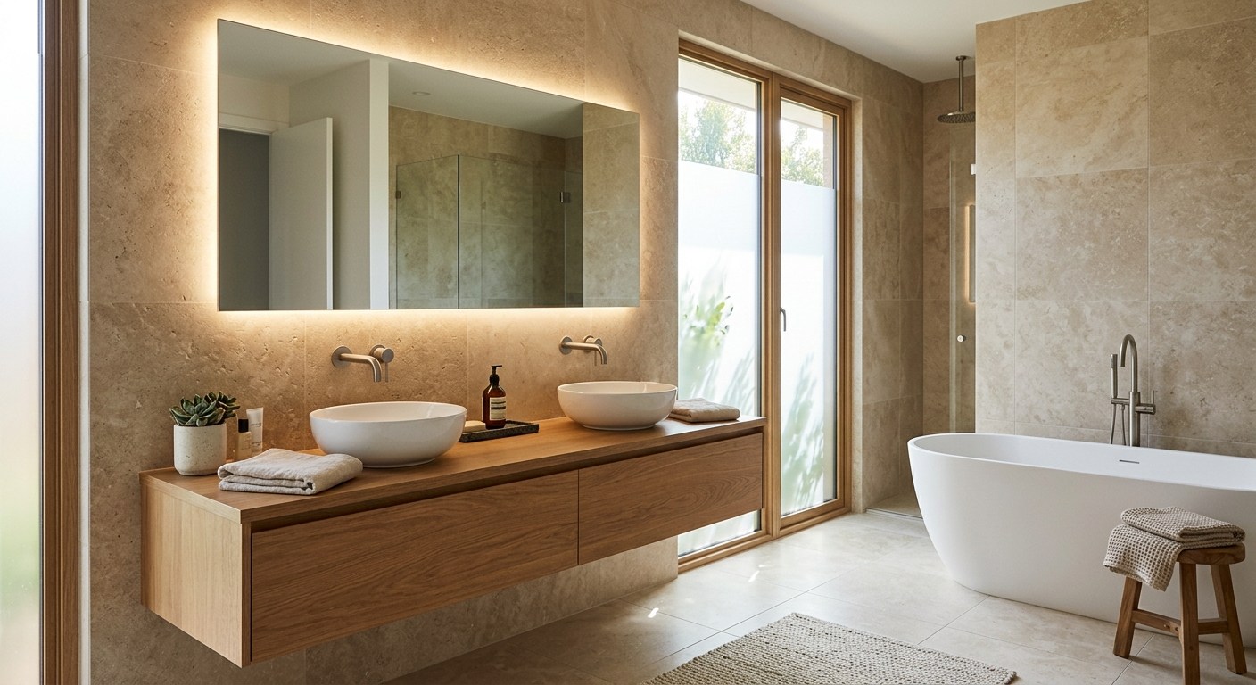Ebeveyn banyosu tasarımı örneği, çift lavabolu ve doğal taş dokulu modern banyo
