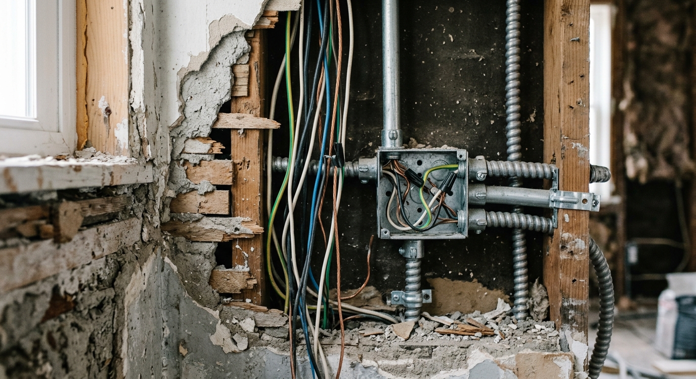 Tadilatta elektrik tesisatı yenileme sırasında açılmış duvar ve kablo tesisatı